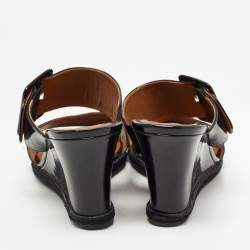 Pre Owned Fendi Black/Brown Patent Leather and Zucca Canvas Demi Wedge Sandals Size 39.5