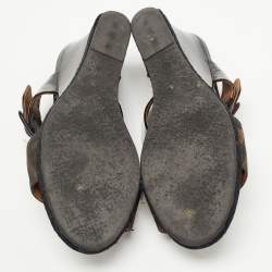 Pre Owned Fendi Black/Brown Patent Leather and Zucca Canvas Demi Wedge Sandals Size 39.5