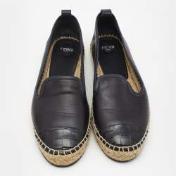 Pre Owned Fendi Black Leather Junia Cap Toe Flat Espadrille Size 38.5