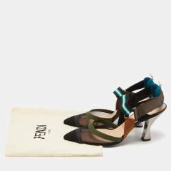 Pre Owned Fendi  Black/Brown Zucca Mesh and Leather Colibri Slingback Pumps Size 41