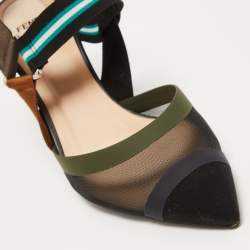 Pre Owned Fendi  Black/Brown Zucca Mesh and Leather Colibri Slingback Pumps Size 41