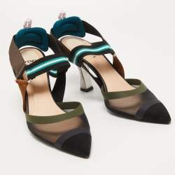 Pre Owned Fendi  Black/Brown Zucca Mesh and Leather Colibri Slingback Pumps Size 41