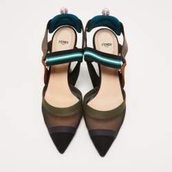 Pre Owned Fendi  Black/Brown Zucca Mesh and Leather Colibri Slingback Pumps Size 41