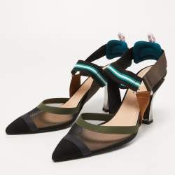 Pre Owned Fendi  Black/Brown Zucca Mesh and Leather Colibri Slingback Pumps Size 41