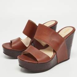 Pre Owned Fendi Brown Leather Wedge Platform Slide Sandals Size 40