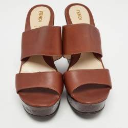 Pre Owned Fendi Brown Leather Wedge Platform Slide Sandals Size 40