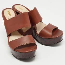 Pre Owned Fendi Brown Leather Wedge Platform Slide Sandals Size 40