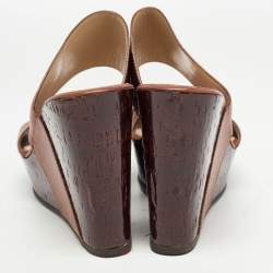 Pre Owned Fendi Brown Leather Wedge Platform Slide Sandals Size 40