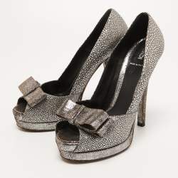 Pre Owned Fendi Metallic Brocade Fabric Bow Deco Peep Toe Platform Pumps Size 39