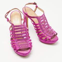 Pre Owned Fendi Magenta Crystal Embellished Satin Strappy Slingback Sandals Size 40