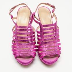 Pre Owned Fendi Magenta Crystal Embellished Satin Strappy Slingback Sandals Size 40