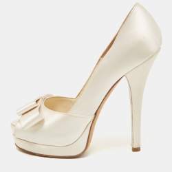 Pre Owned Fendi White Satin Deco Bow Peep Toe Platform Pumps Size 39