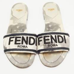 Fendi Grey/White Canvas Embraided Slide Sandals Size 39