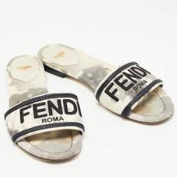 Fendi Grey/White Canvas Embraided Slide Sandals Size 39