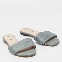 Pre Owned Fendi Grey Satin Logo Embroidered Flat Slides Size 38
