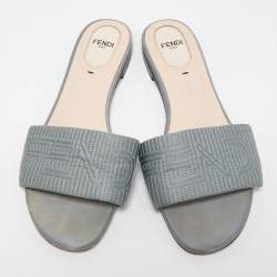 Pre Owned Fendi Grey Satin Logo Embroidered Flat Slides Size 38