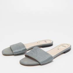 Pre Owned Fendi Grey Satin Logo Embroidered Flat Slides Size 38