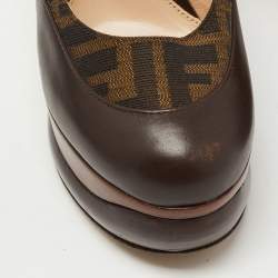 Pre Owned Fendi Brown Zucca Canvas and Leather Platform Pumps Size 40