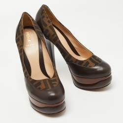 Pre Owned Fendi Brown Zucca Canvas and Leather Platform Pumps Size 40