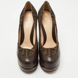 Pre Owned Fendi Brown Zucca Canvas and Leather Platform Pumps Size 40