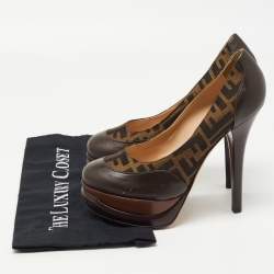 Pre Owned Fendi Brown Zucca Canvas and Leather Platform Pumps Size 40