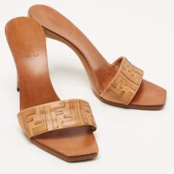 Pre Owned Fendi Tan Leather FF Slide Sandals Size 39