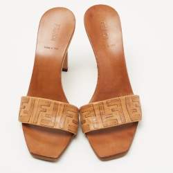 Pre Owned Fendi Tan Leather FF Slide Sandals Size 39