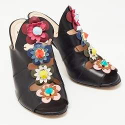 Fendi Black Leather Flowerland Mules Size 40