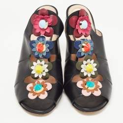 Fendi Black Leather Flowerland Mules Size 40