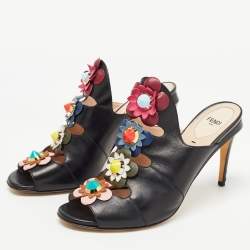 Fendi Black Leather Flowerland Mules Size 40
