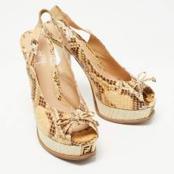 Pre Owned Fendi Brown/Beige Python Fendista Slingback Pumps Size 40