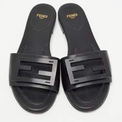 Pre Owned Fendi Black Leather Logo Flat Slides Size 37