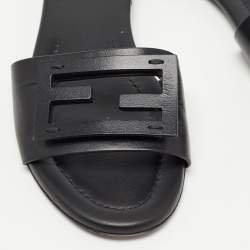 Pre Owned Fendi Black Leather Logo Flat Slides Size 37