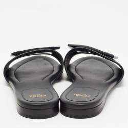 Pre Owned Fendi Black Leather Logo Flat Slides Size 37