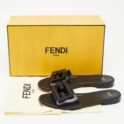 Pre Owned Fendi Black Leather Logo Flat Slides Size 37