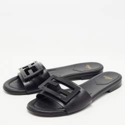 Pre Owned Fendi Black Leather Logo Flat Slides Size 37