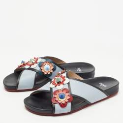 Fendi  Grey/Black  Leather Crisscross Flowerland Flat Slides Size 37  