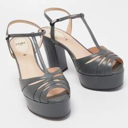 Fendi Grey Leather Platform Ankle Strap Sandals Size 37