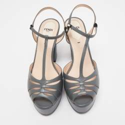 Fendi Grey Leather Platform Ankle Strap Sandals Size 37