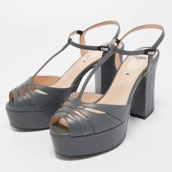 Fendi Grey Leather Platform Ankle Strap Sandals Size 37