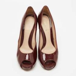 Pre Owned Fendi Burgundy Patent Leather Zucca Print Heel Peep Toe Pumps Size 37