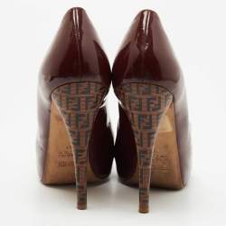 Pre Owned Fendi Burgundy Patent Leather Zucca Print Heel Peep Toe Pumps Size 37