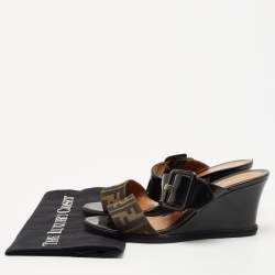 Fendi Black/Brown Patent Leather and Zucca Canvas Demi Wedge Sandals Size 40