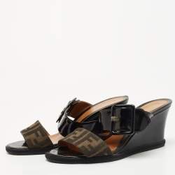 Fendi Black/Brown Patent Leather and Zucca Canvas Demi Wedge Sandals Size 40