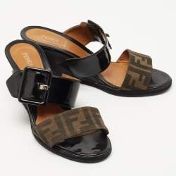 Fendi Black/Brown Patent Leather and Zucca Canvas Demi Wedge Sandals Size 40