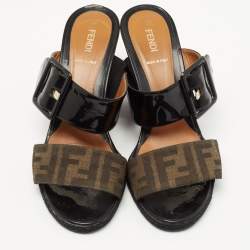 Fendi Black/Brown Patent Leather and Zucca Canvas Demi Wedge Sandals Size 40