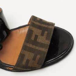 Fendi Black/Brown Patent Leather and Zucca Canvas Demi Wedge Sandals Size 40