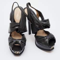 Pre Owned Fendi Green Leather Bow Peep Toe Slingback Platform Sandals Size 40