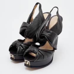 Pre Owned Fendi Green Leather Bow Peep Toe Slingback Platform Sandals Size 40