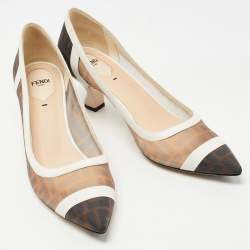 Pre Owned Fendi Brown/White Zucca Mesh and Leather Colibri Pumps Size 41